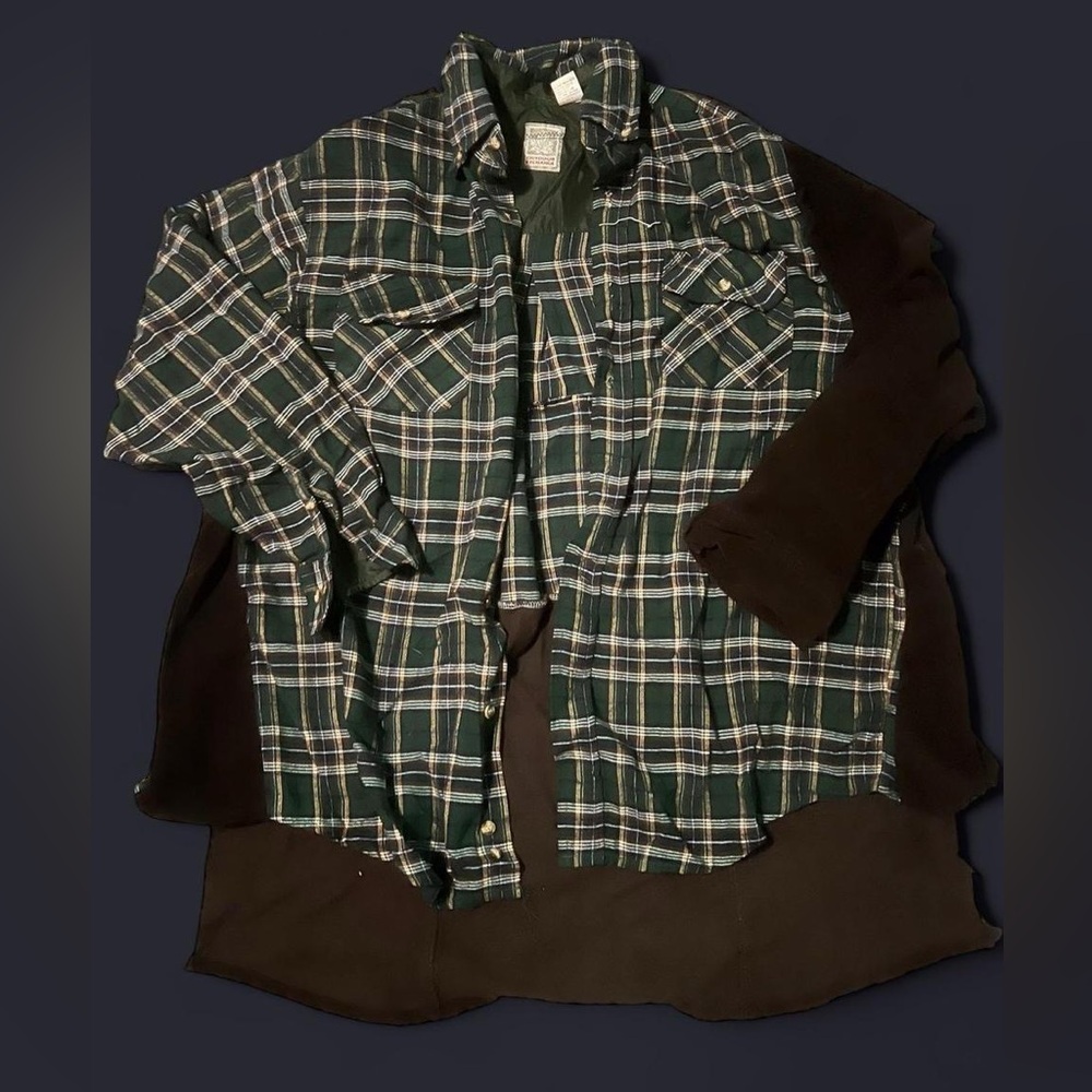 Outdoor exchange patchwork 
Green plaid brown suede reworked flannel button-up